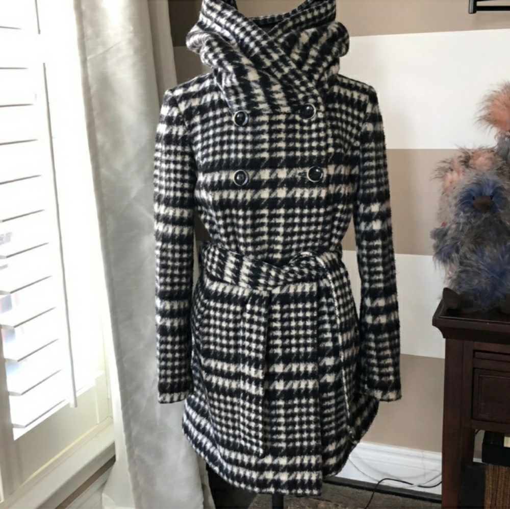 Zara Hooded, Belted, Plaid Double Breasted Coat